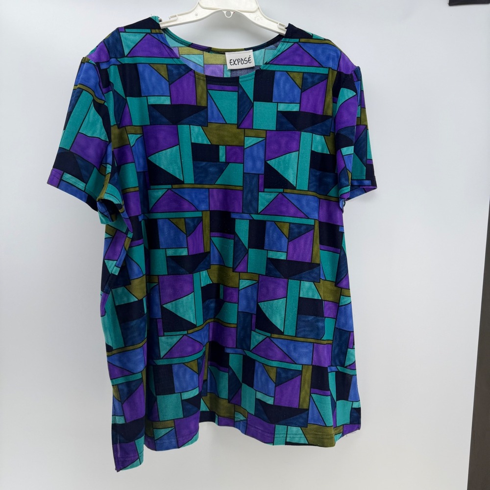Expose Top Women 3X Multicolor Geometric Abstract Vintage 90s Retro Art To Wear